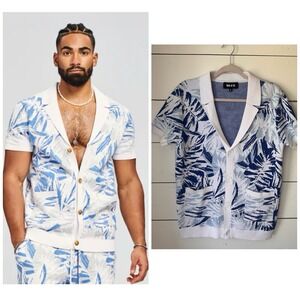 Seroya Taz Shirt Blue Palm Buttons Collar L Microterry Resort Beach Hipster